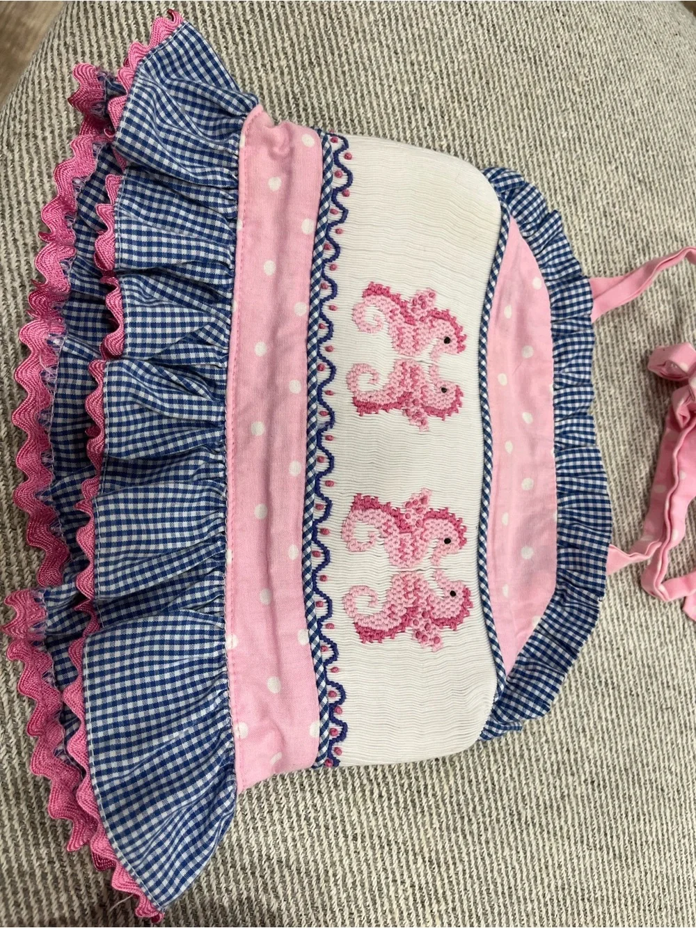 Girls Pink & Navy Ruffle Bib-Style Swim Set with Seahorse Embroidery